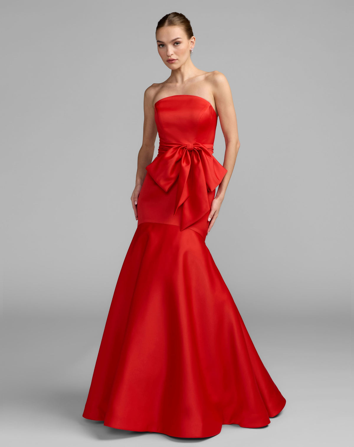 Mac Duggal Red Strapless Satin Mermaid Gown with Oversize Bow