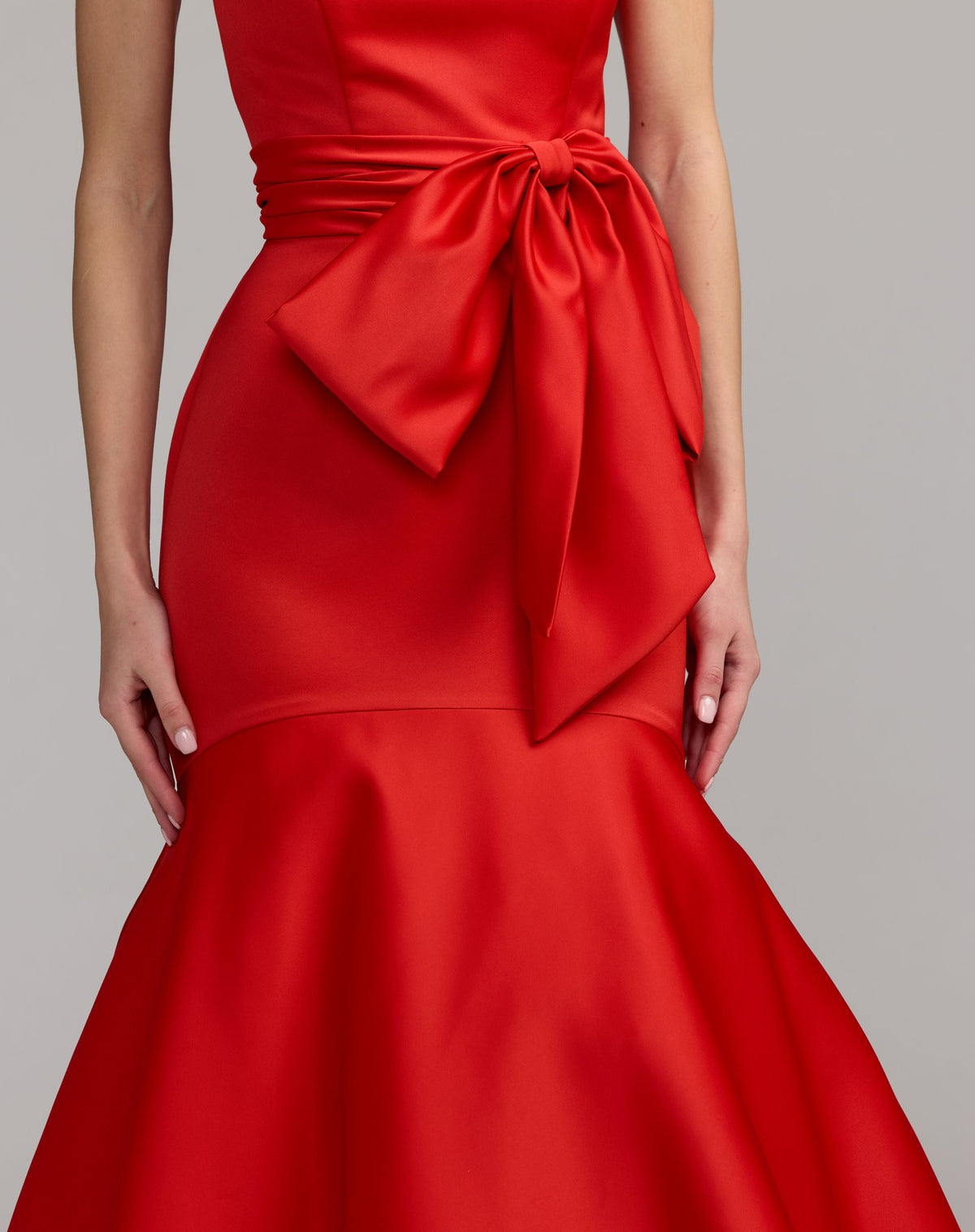 Mac Duggal Red Strapless Satin Mermaid Gown with Oversize Bow