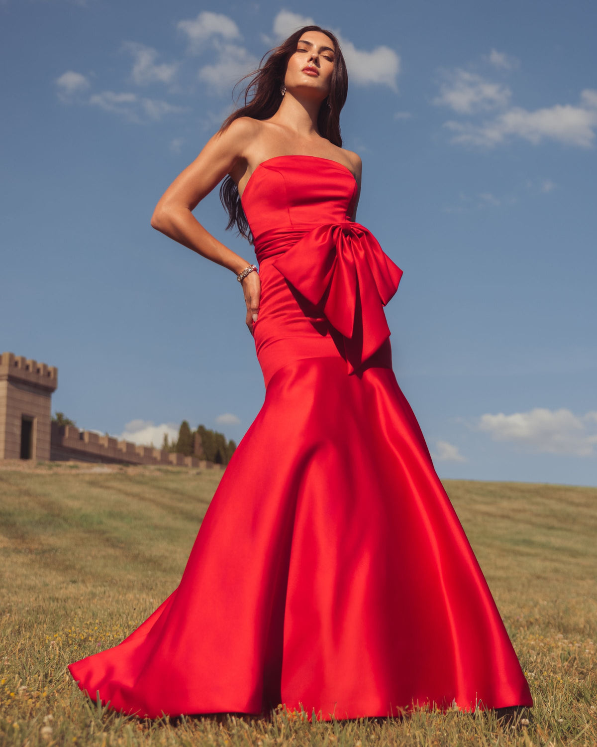 Mac Duggal Red Strapless Satin Mermaid Gown with Oversize Bow