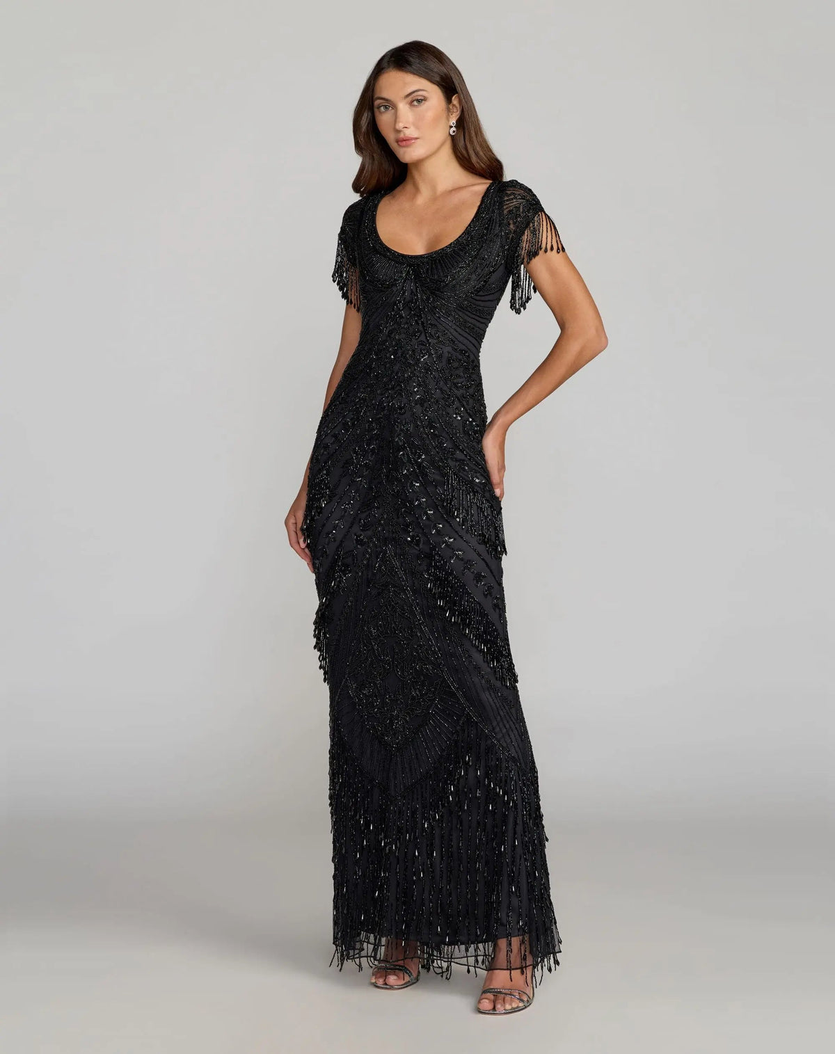 Mac Duggal Black Cap Sleeve Beaded Fringe Column Gown