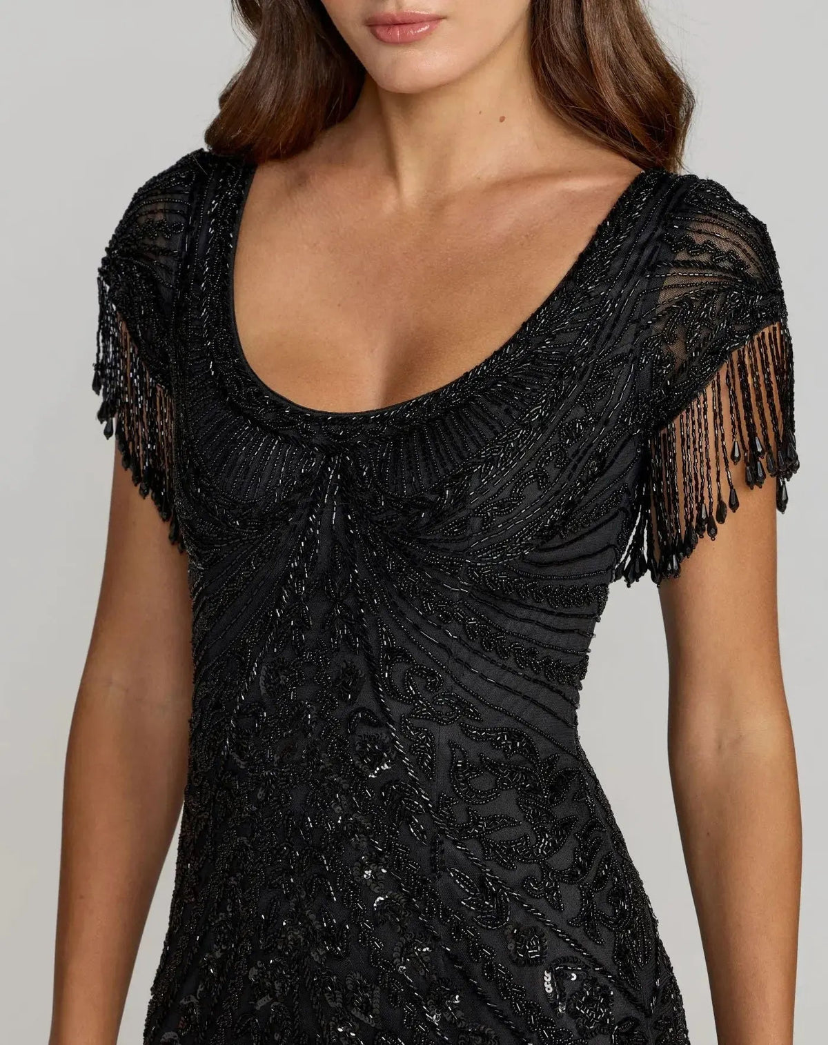 Mac Duggal Black Cap Sleeve Beaded Fringe Column Gown