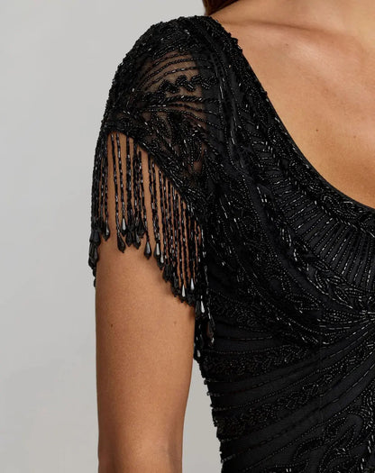 Mac Duggal Black Cap Sleeve Beaded Fringe Column Gown