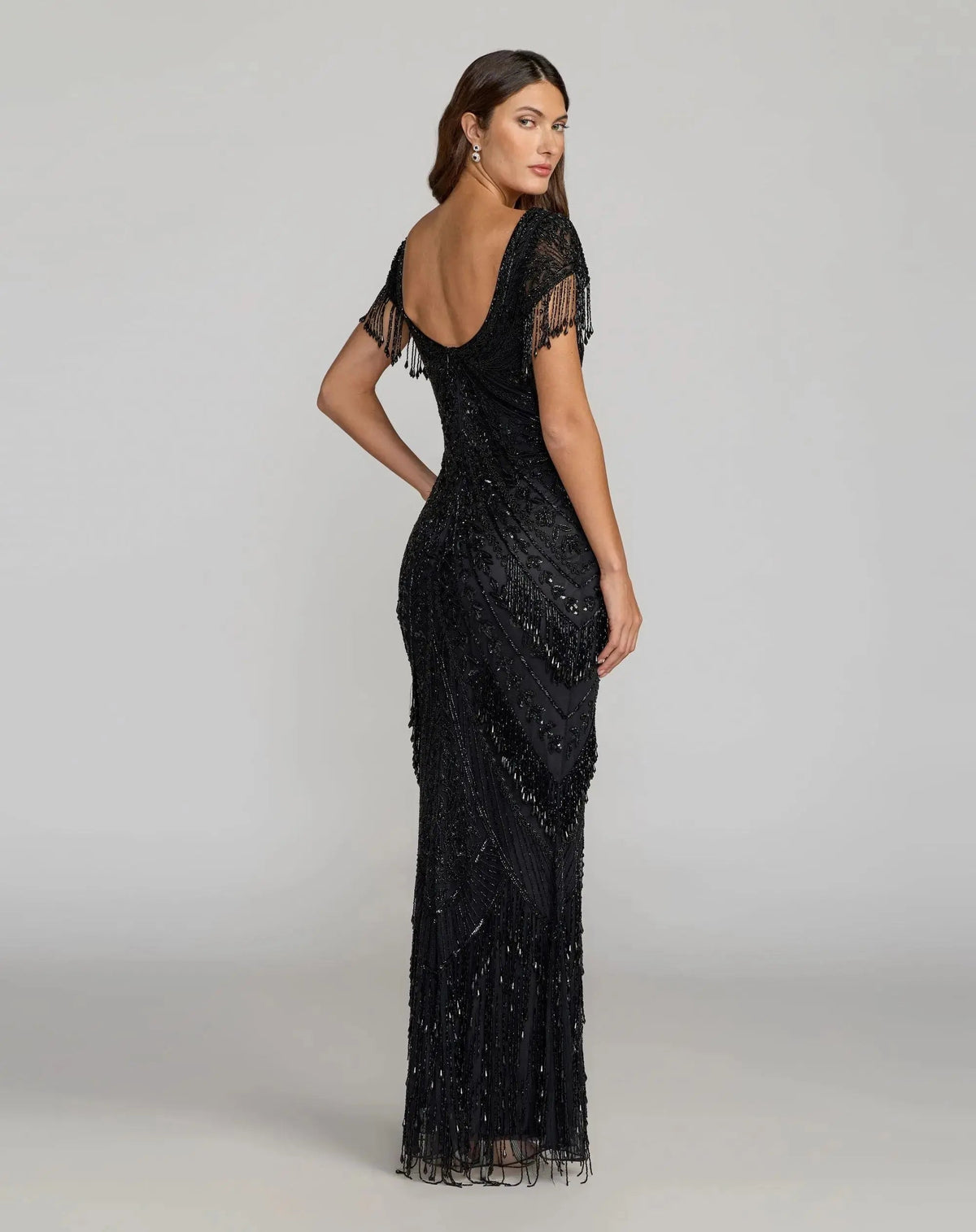 Mac Duggal Black Cap Sleeve Beaded Fringe Column Gown