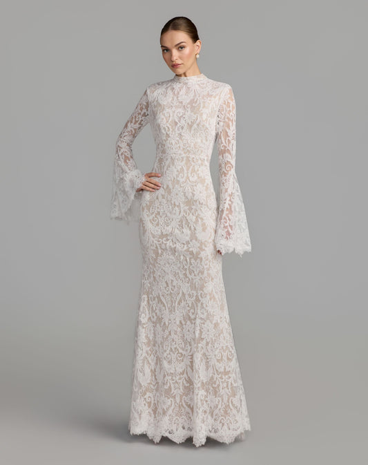 Mac Duggal White Mock Neck Long Sleeve Lace Gown