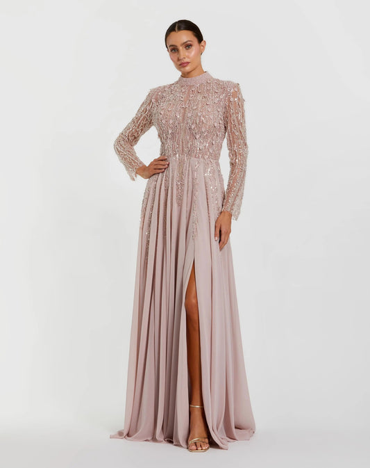 Mac Duggal Light Purple Embellished Long Sleeve Gown with Slit