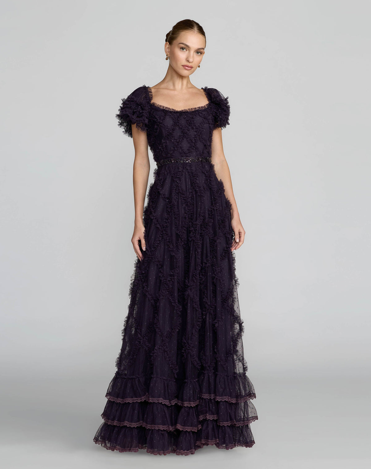 Mac Duggal Navy Tiered Ruffle Puff Sleeve Gown