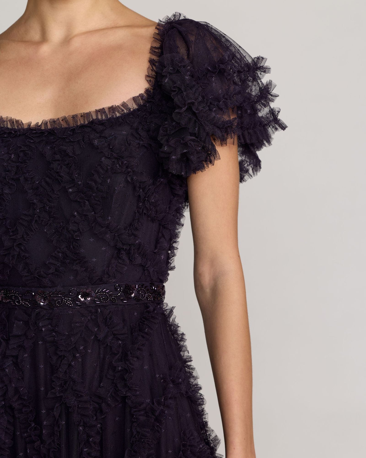 Mac Duggal Navy Tiered Ruffle Puff Sleeve Gown