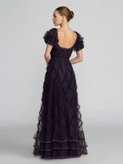 Mac Duggal Navy Tiered Ruffle Puff Sleeve Gown