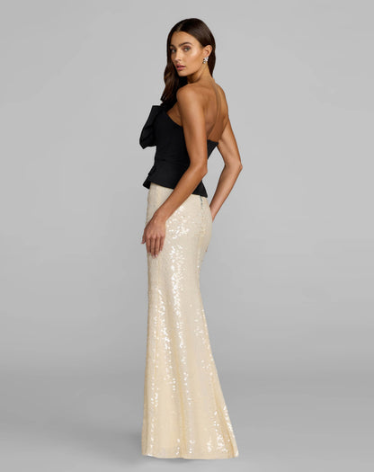 Mac Duggal Black and Ivory Strapless Peplum Sequin Evening Gown