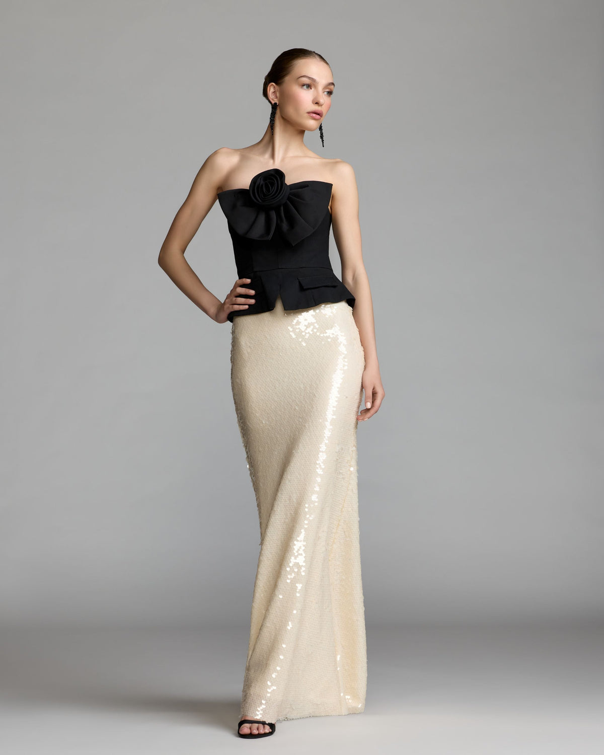 Mac Duggal Black and Ivory Strapless Peplum Sequin Evening Gown