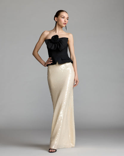 Mac Duggal Black and Ivory Strapless Peplum Sequin Evening Gown