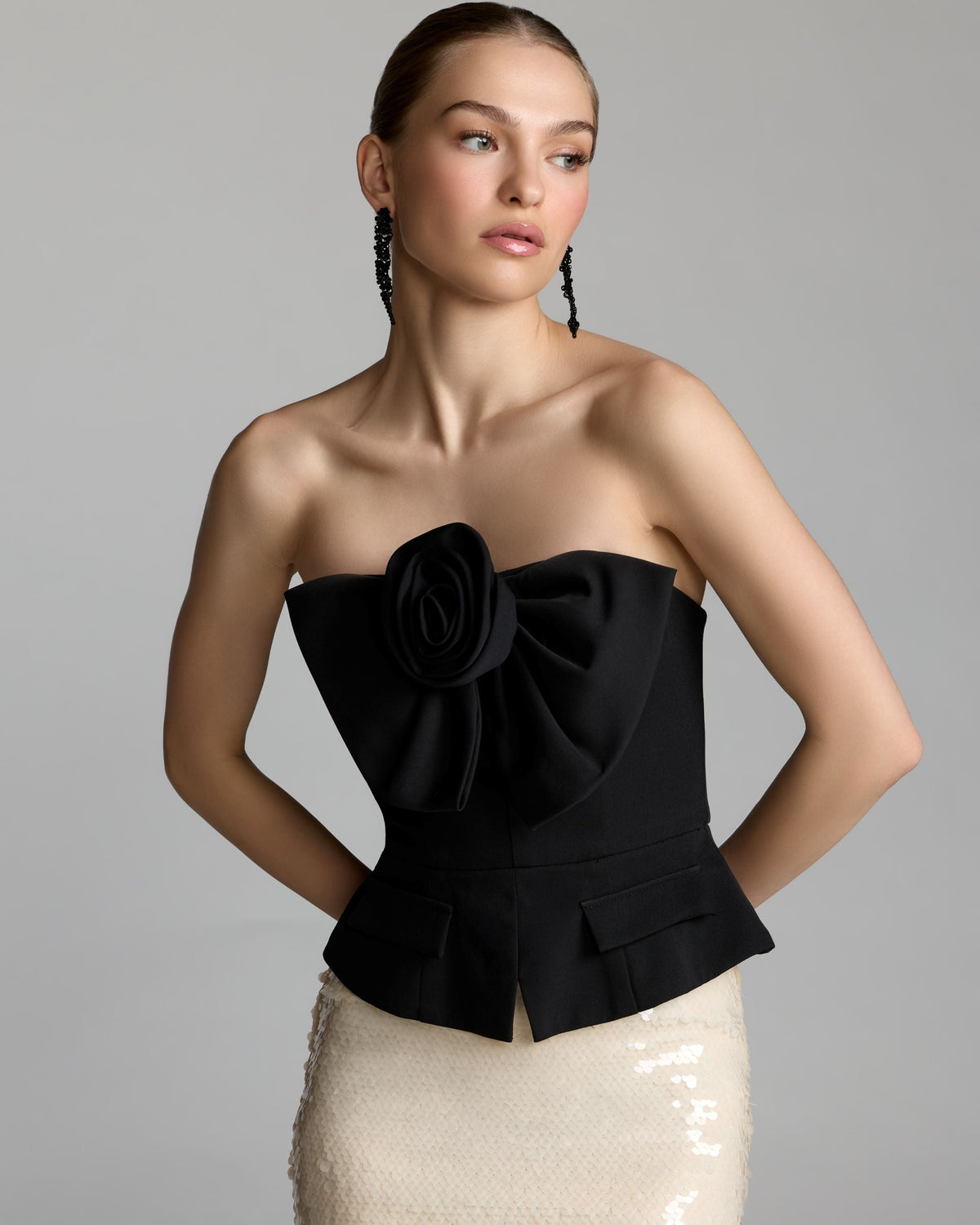Mac Duggal Black and Ivory Strapless Peplum Sequin Evening Gown