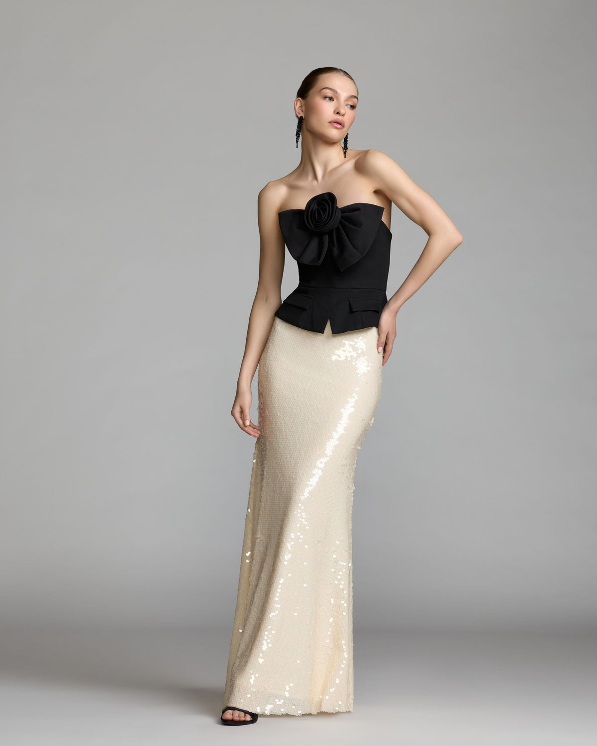 Mac Duggal Black and Ivory Strapless Peplum Sequin Evening Gown
