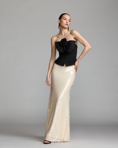 Mac Duggal Black and Ivory Strapless Peplum Sequin Evening Gown