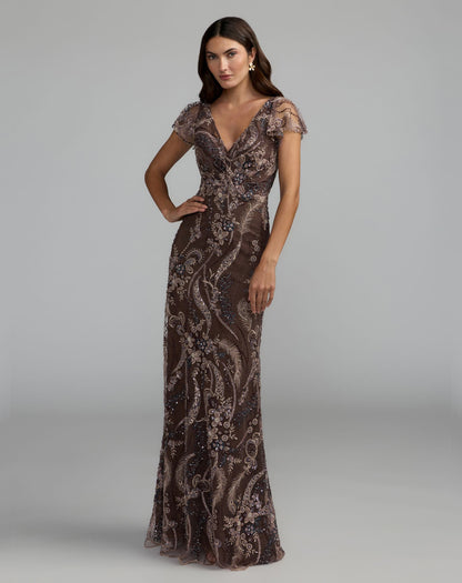 Mac Duggal Petite Brown V-Neck Flutter Sleeve Floral Embroidered Gown