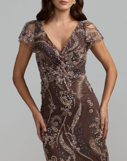 Mac Duggal Petite Brown V-Neck Flutter Sleeve Floral Embroidered Gown