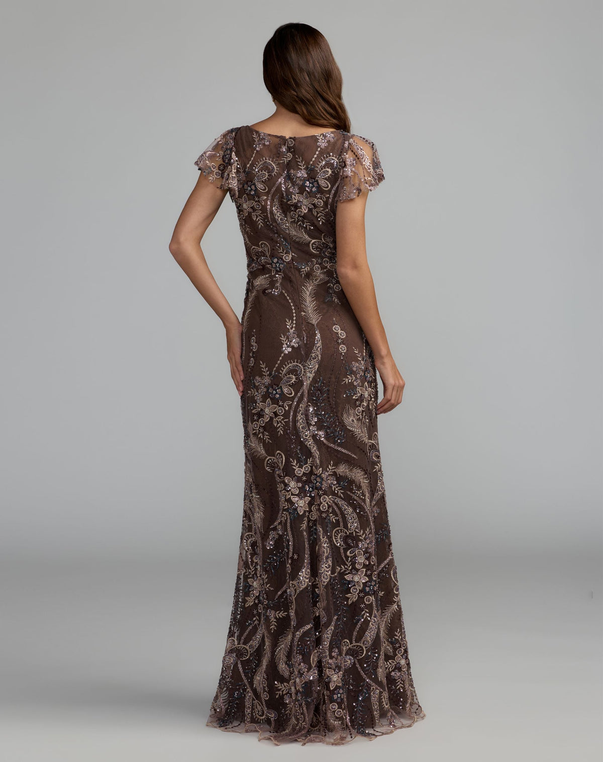 Mac Duggal Petite Brown V-Neck Flutter Sleeve Floral Embroidered Gown
