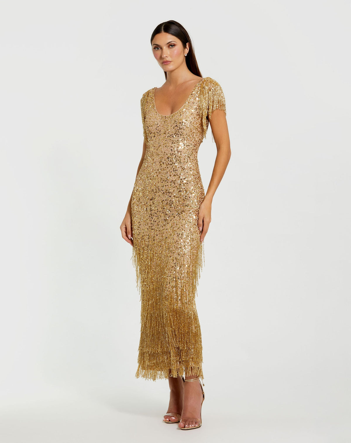 Mac Duggal Gold Beaded Fringe Scoop Neck Midi Dress