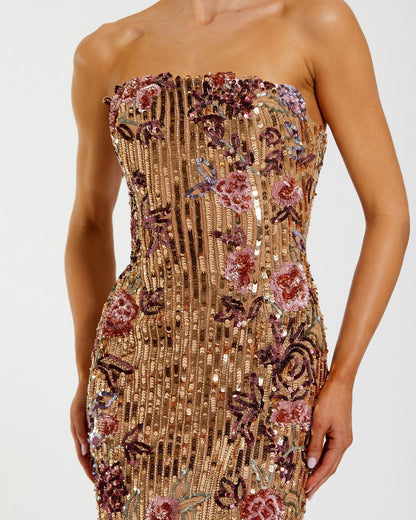 Mac Duggal Gold Floral Embellished Strapless Column Dress
