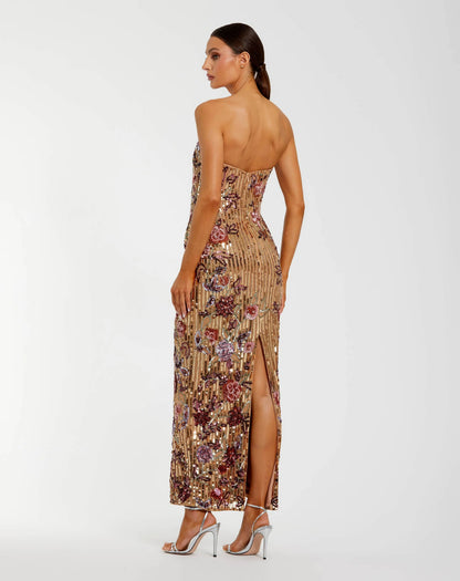 Mac Duggal Gold Floral Embellished Strapless Column Dress