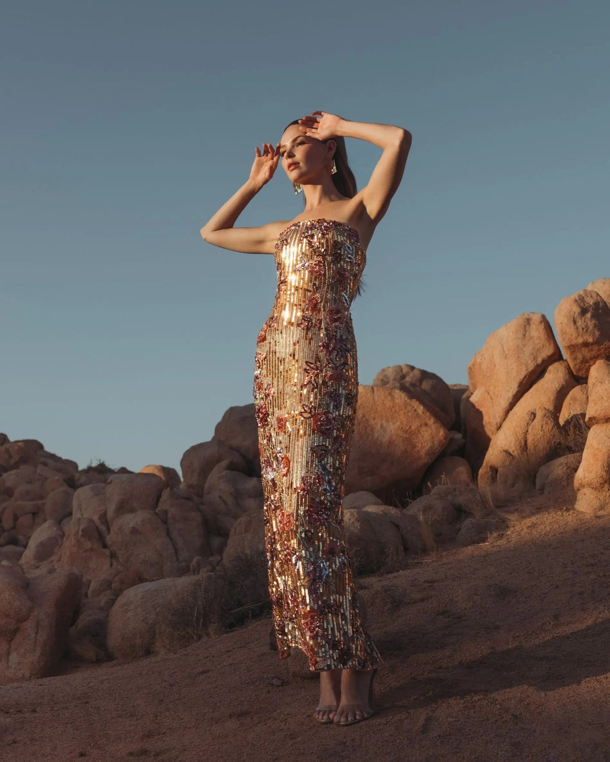 Mac Duggal Gold Floral Embellished Strapless Column Dress