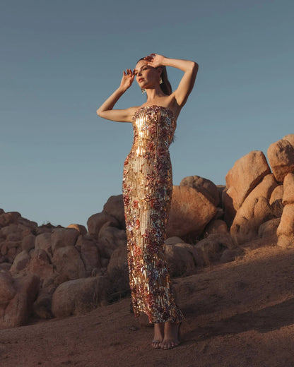 Mac Duggal Gold Floral Embellished Strapless Column Dress