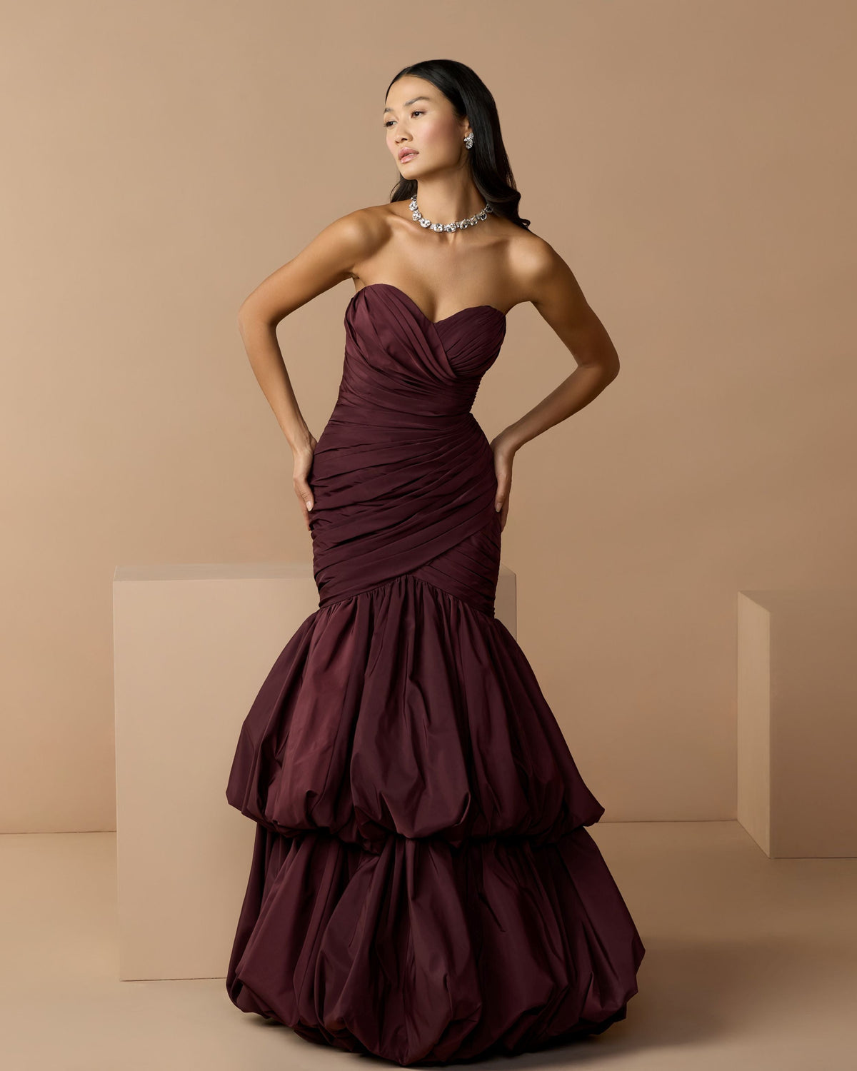 Mac Duggal Brown Ruched Mermaid Gown with Bubble Hem