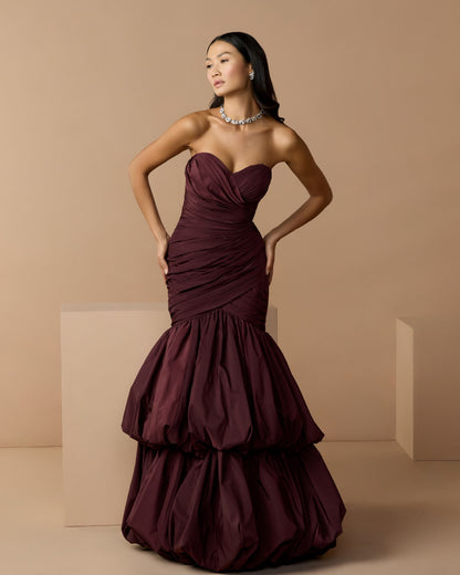 Mac Duggal Brown Ruched Mermaid Gown with Bubble Hem