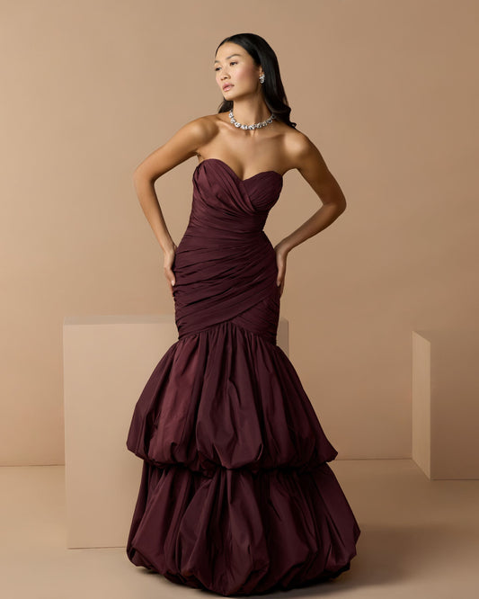 Mac Duggal Brown Ruched Mermaid Gown with Bubble Hem