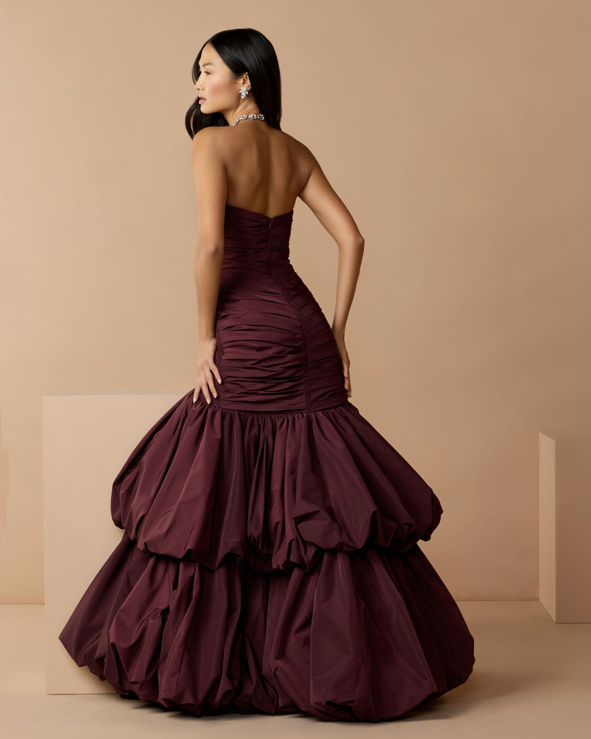 Mac Duggal Brown Ruched Mermaid Gown with Bubble Hem