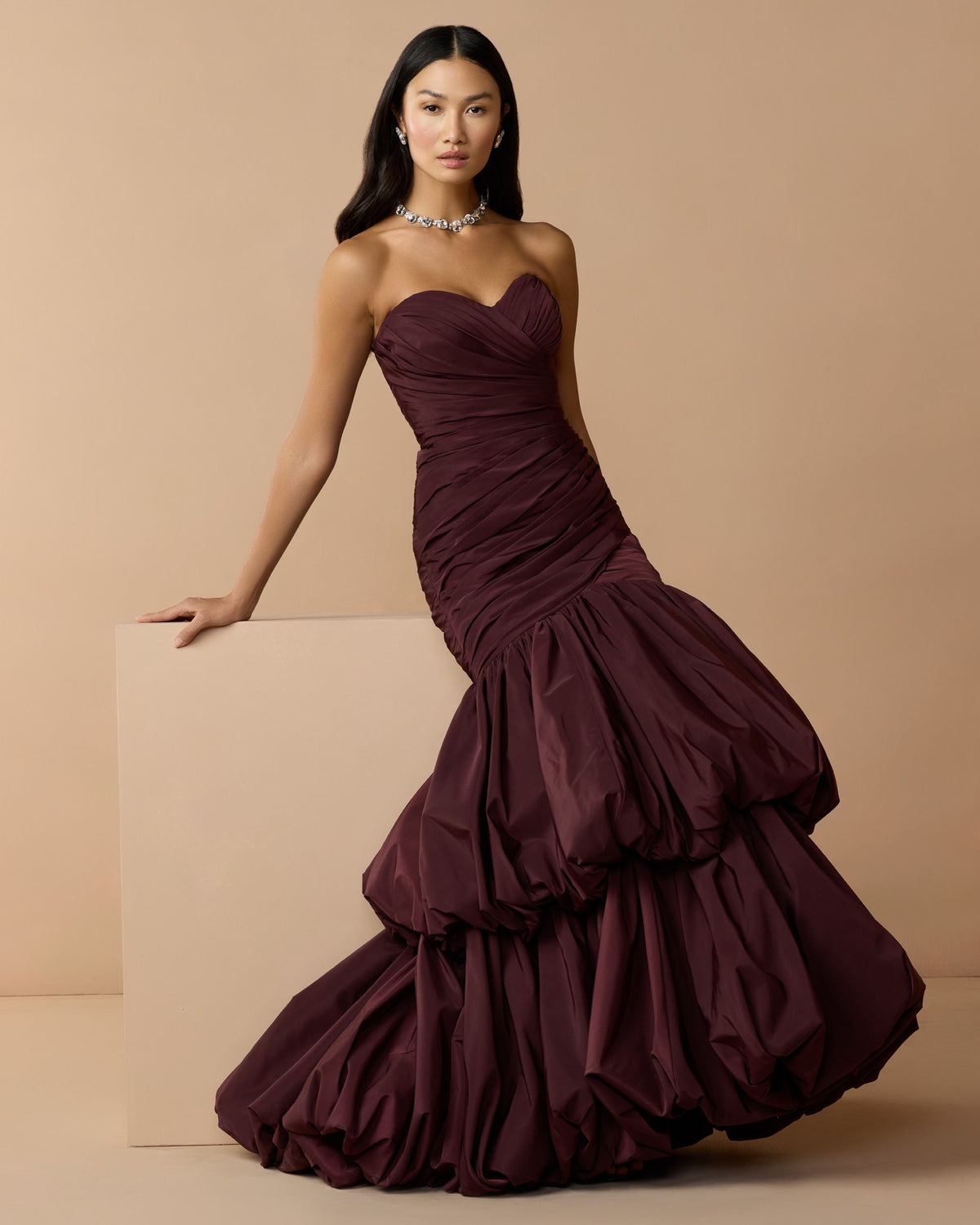 Mac Duggal Brown Ruched Mermaid Gown with Bubble Hem