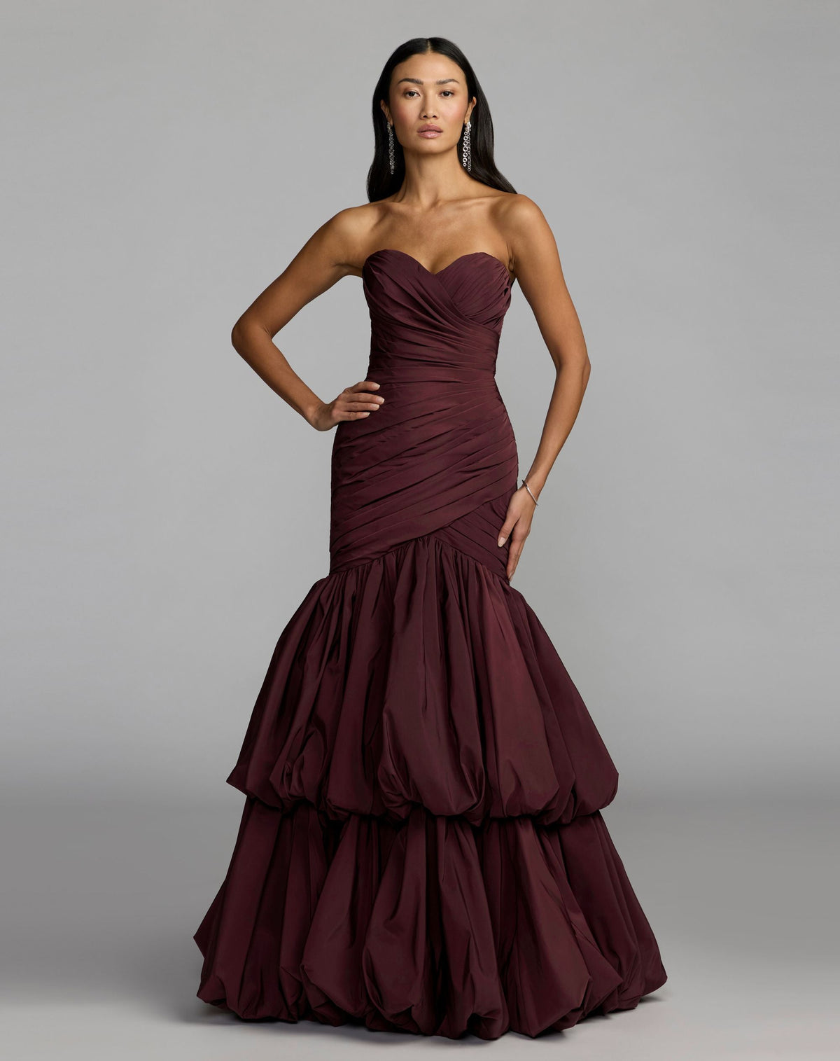 Mac Duggal Brown Ruched Mermaid Gown with Bubble Hem