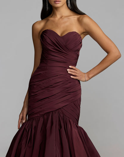 Mac Duggal Brown Ruched Mermaid Gown with Bubble Hem