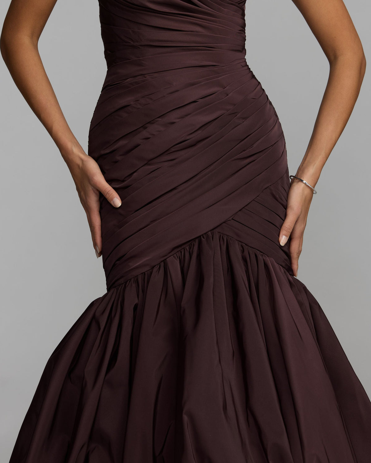 Mac Duggal Brown Ruched Mermaid Gown with Bubble Hem