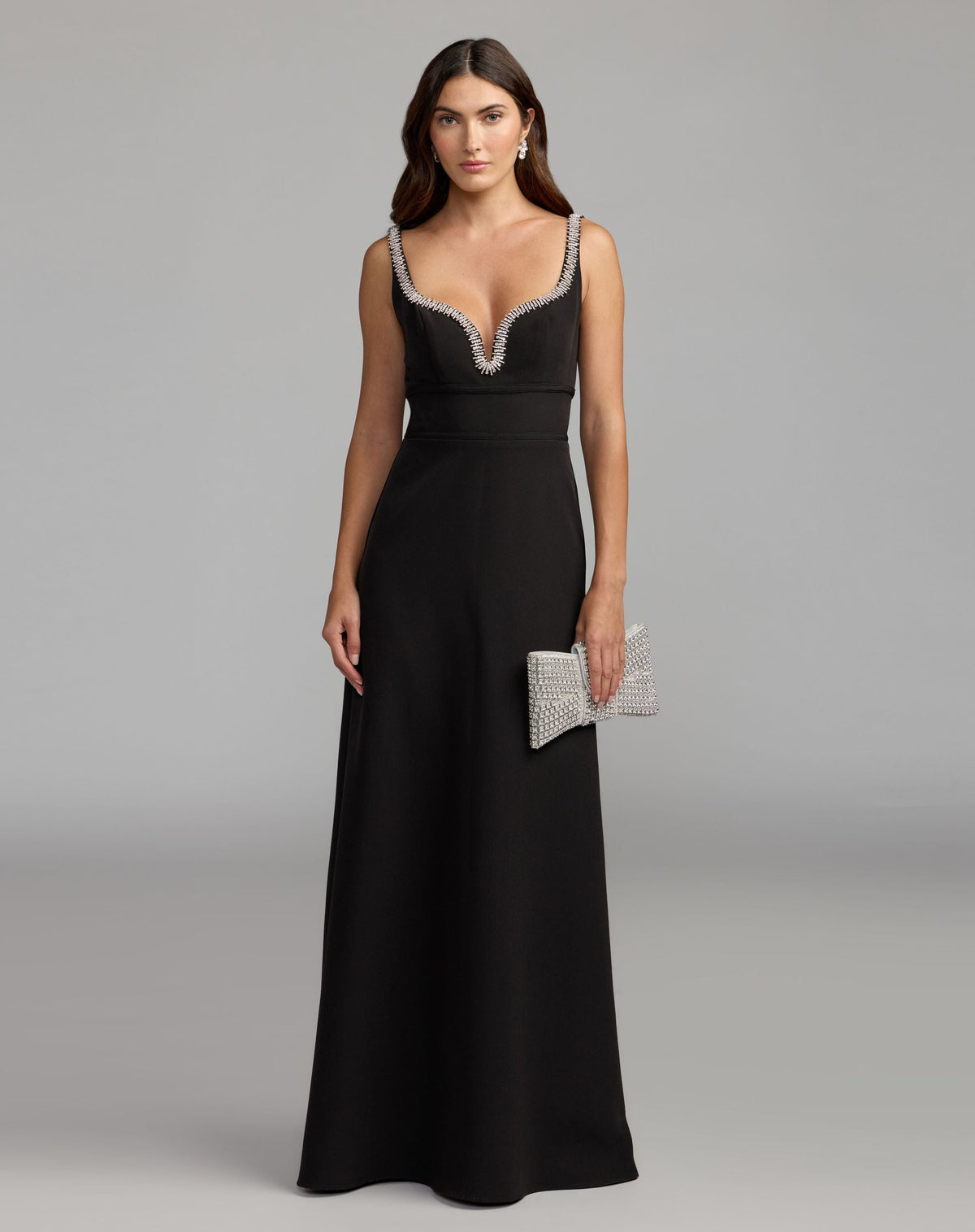 Mac Duggal Black Crepe A-Line Gown With Rhinestone Trim