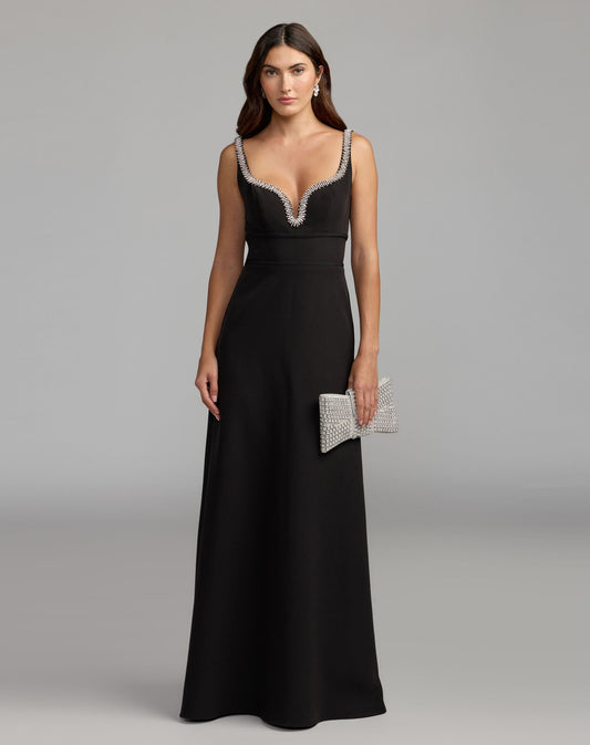Mac Duggal Black Crepe A-Line Gown With Rhinestone Trim