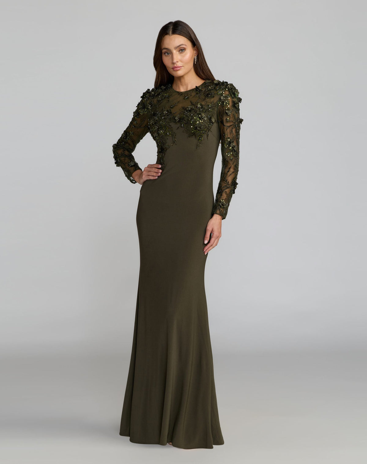 Mac Duggal Olive Green Long Sleeve Floral Embellished Column Gown