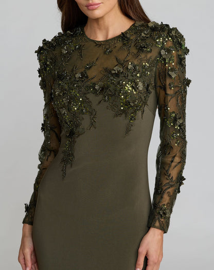 Mac Duggal Olive Green Long Sleeve Floral Embellished Column Gown