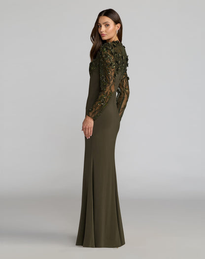 Mac Duggal Olive Green Long Sleeve Floral Embellished Column Gown