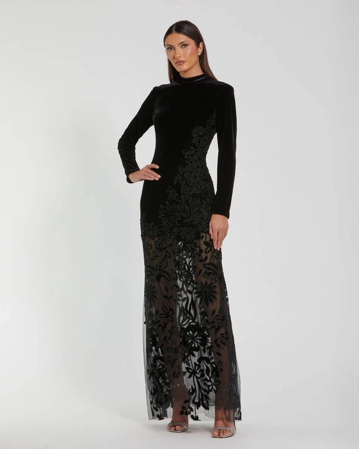 Mac Duggal Black Long Sleeve Sheer Floral Embroidered Velvet Dress