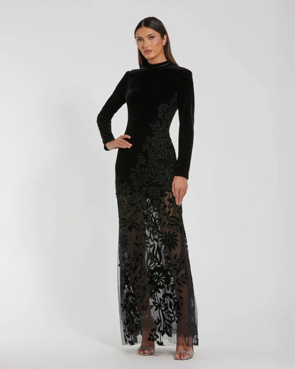Mac Duggal Black Long Sleeve Sheer Floral Embroidered Velvet Dress