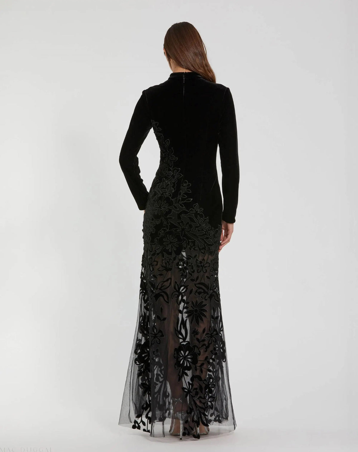 Mac Duggal Black Long Sleeve Sheer Floral Embroidered Velvet Dress