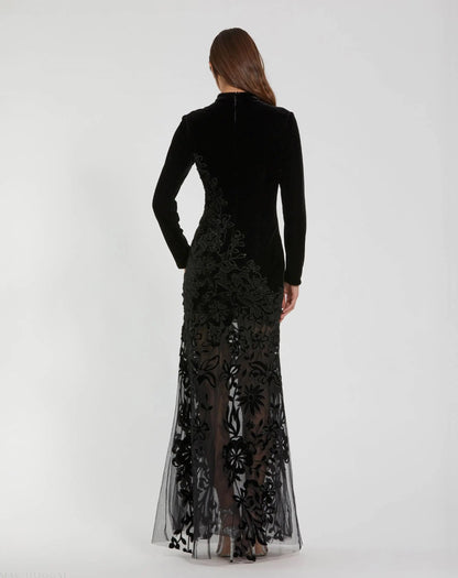 Mac Duggal Black Long Sleeve Sheer Floral Embroidered Velvet Dress