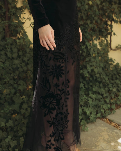 Mac Duggal Black Long Sleeve Sheer Floral Embroidered Velvet Dress