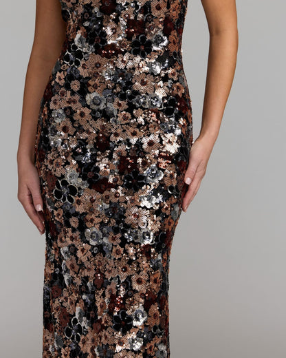 Mac Duggal Black Gold Floral Sequin Halter Gown