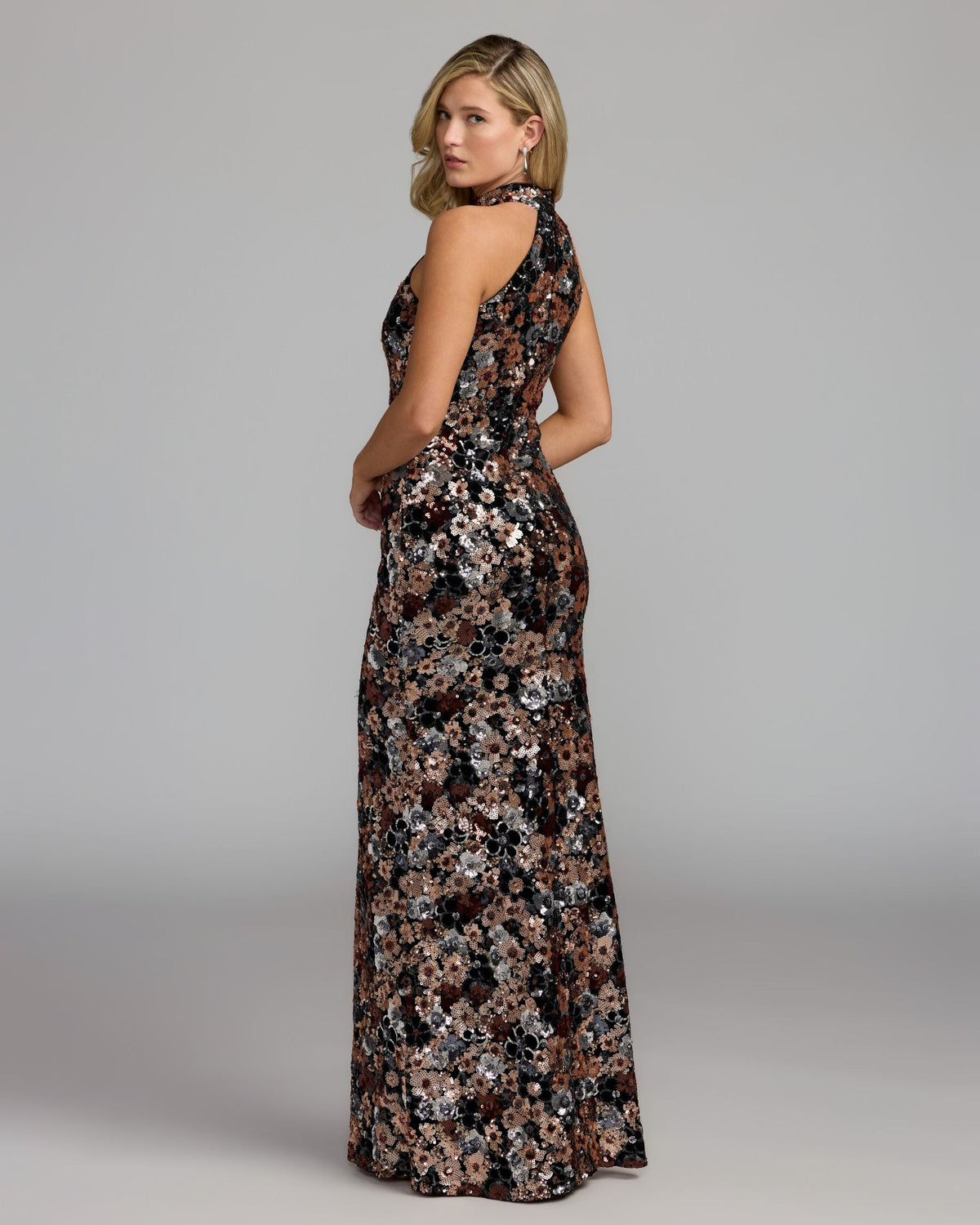Mac Duggal Black Gold Floral Sequin Halter Gown