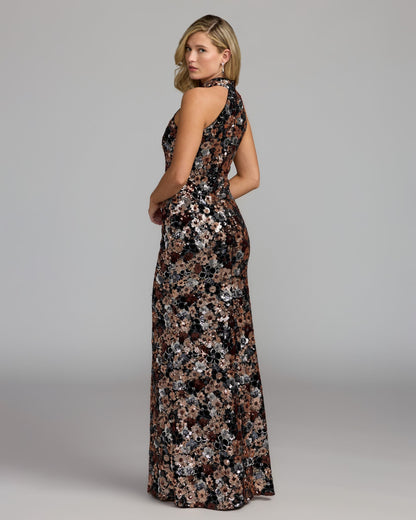 Mac Duggal Black Gold Floral Sequin Halter Gown