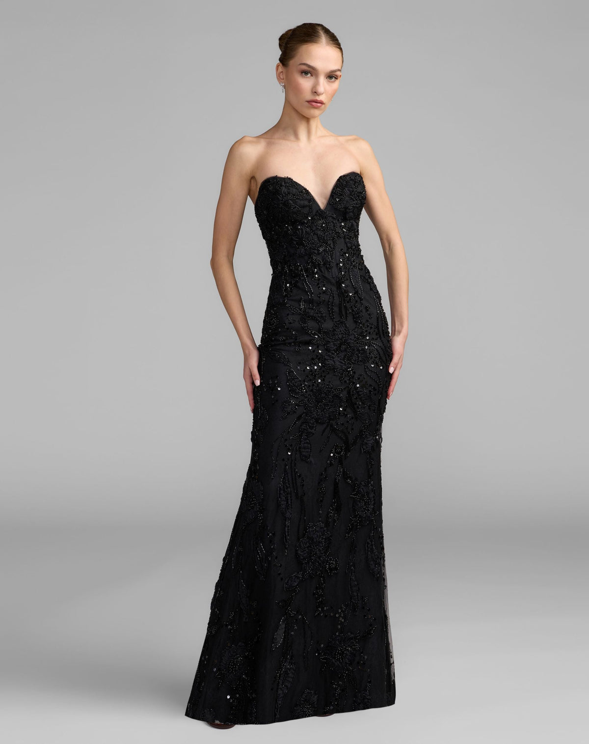 Mac Duggal Black Embellished Lace Strapless Sweetheart Gown