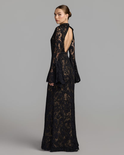 Mac Duggal Black Mock Neck Long Sleeve Lace Gown