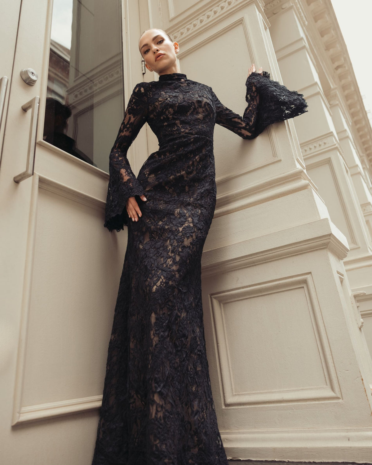 Mac Duggal Black Mock Neck Long Sleeve Lace Gown